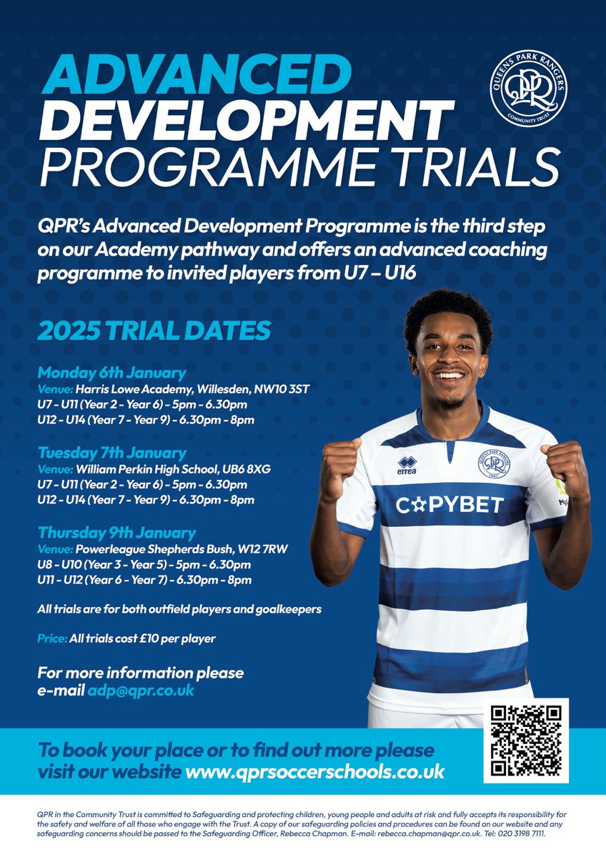 Want to join QPR’s Advanced Development Programme? ⚽️

We are holding open trials during January, for talented players U7s - U16s. 💪

Visit tinyurl.com/2xodaswv to book your spot! 💻