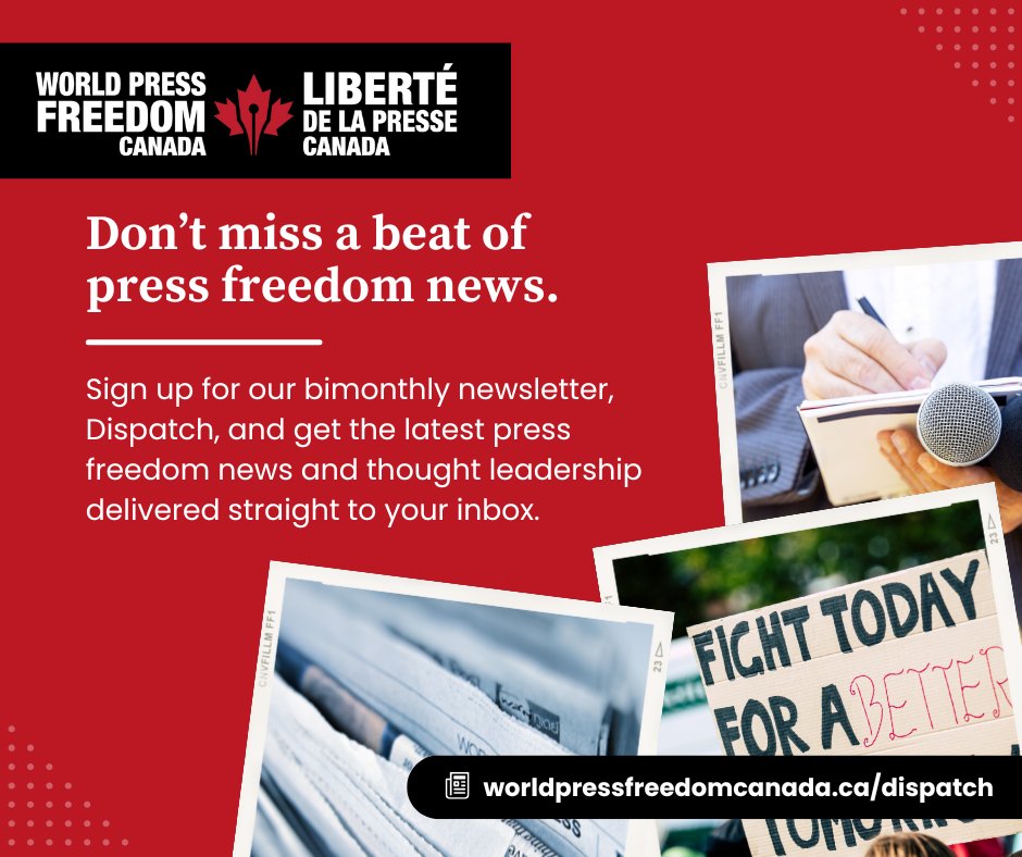 The next issue of our bimonthly newsletter, Dispatch, is coming out soon! Kickstart the new year with the latest #pressfreedom news. It's free!

Subscribe today: worldpressfreedomcanada.ca/dispatch/

#cdnpoli #polcan #democracy #journalismmatters #JournalismIsNotACrime