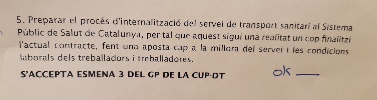 El Parlament ha aprovat preparar el procés d'internalització del Transport Sanitari i que aquest sigui una realitat quan acabi el present contracte.
Es tracta d'un punt d'una moció d'ERC amb una esmena de la CUP.
S'hauria d'haver fet la legislatura passada... més val tard que mai