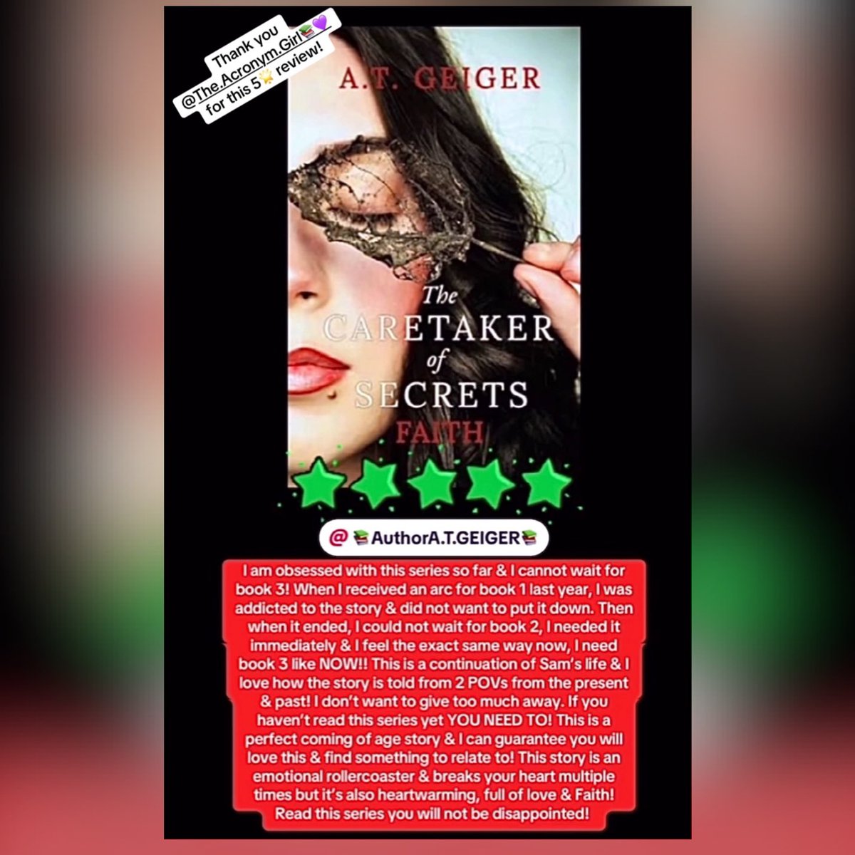 Feeling grateful today for this 5 🌟review. 

THE CARETAKER OF SECRETS (FATE &amp; FAITH) is a women’s fictional romance series about painful, messy, beautiful past and present love, heartbreak, betrayal, and finding oneself. 

(L!nks in B!O)