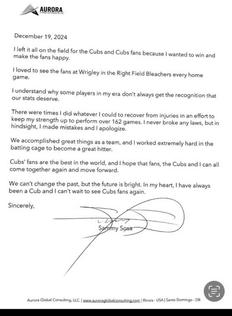 YancenPujols's tweet photo. Sammy Sosa emite un comunicado en el que se disculpa por “errores” que cometió para mantenerse en forma para así jugar 162 juegos para los Cachorros de Chicago. Dice que no “infringió la ley”. Los Cachorros lo invitan a la “Convención de 2025”. Me alegra que este sea un tremendo paso para curar heridas y abrir un nuevo camino. Sammy fue un grande, grande. ¡Enhorabuena!