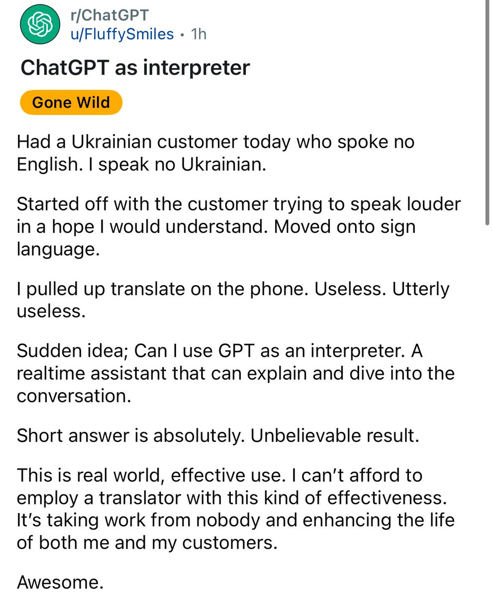ChatGPT Voice is underhyped as a real-time translator.

I used it to get my hair dyed in France, and all the stylists started asking me what the app was and how to get it.

Another great example ⬇️
