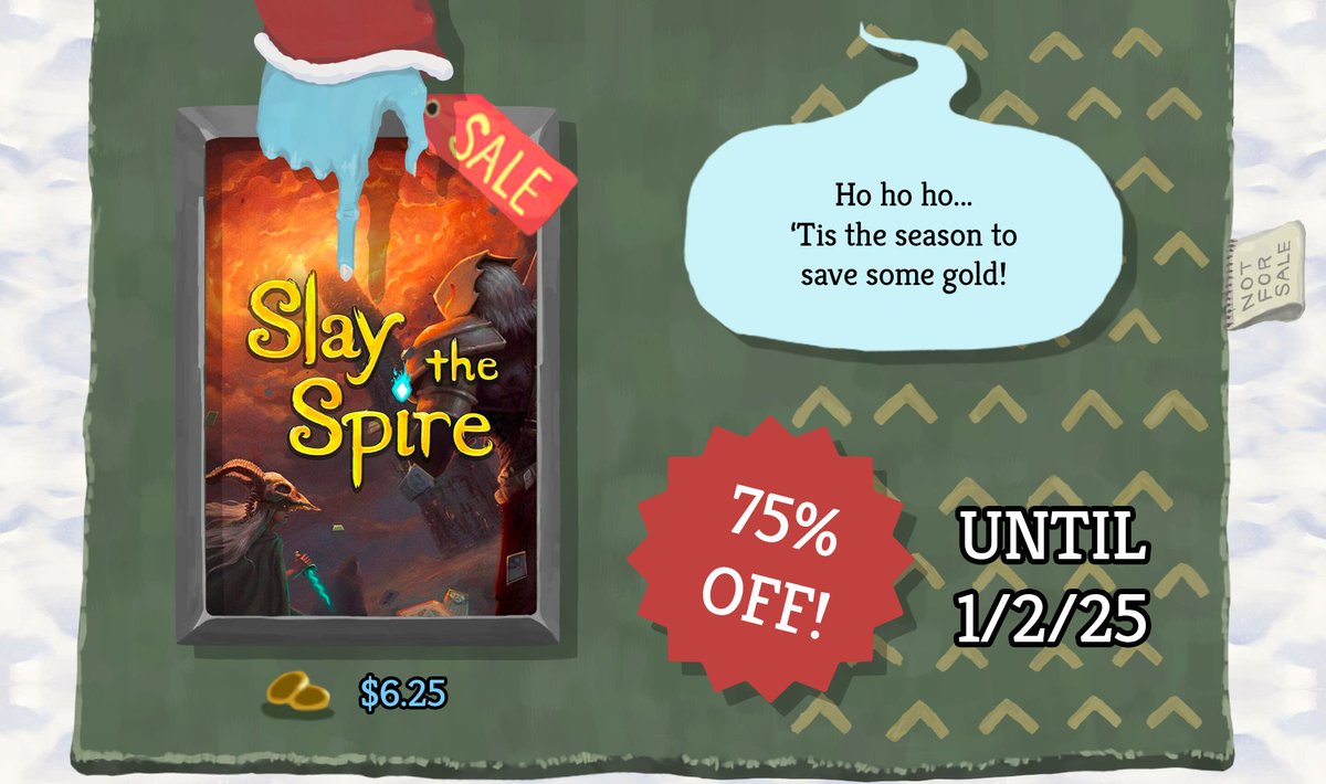 If you're looking to cross Slay the Spire off your wishlist before the sequel comes out next year, then have we got a present for you! 🎁

As part of the <a href="/Steam/">Steam</a> Winter Sale, you can grab (or gift!) it at our biggest discount yet--a whopping 75% off--from now until January 2! 🪙✨
