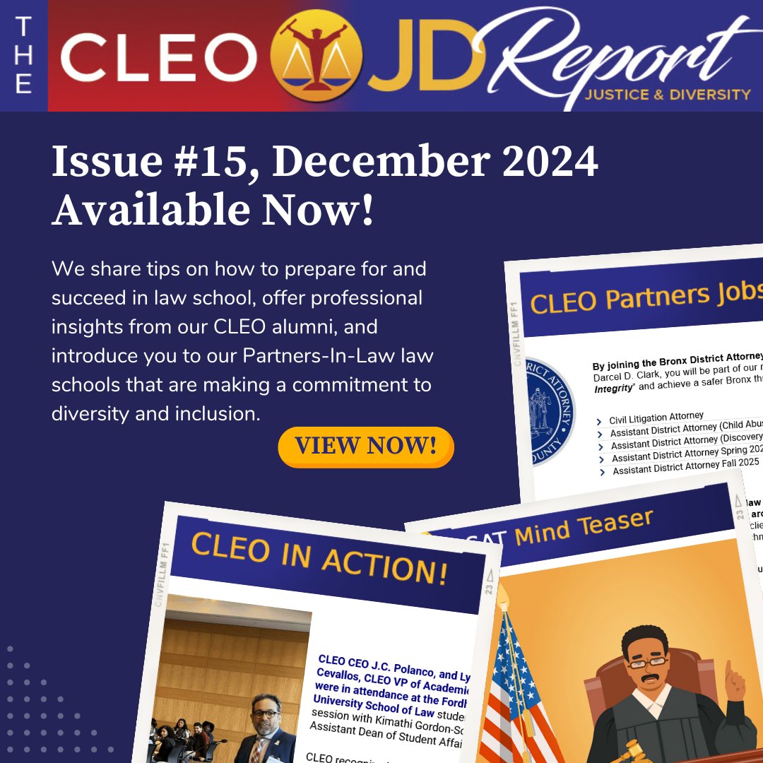 The CLEO Justice &amp; Diversity Report E-Newsletter has just been issued! Check your email inbox or visit this link: cleoinc.org/jd-report-dece…

Not currently subscribed? Sign up now at: 
cleoinc.org/jd-report/

#CLEOJDReport #cleoalumni #cleoscholars #lawschooladmissions #lsatprep