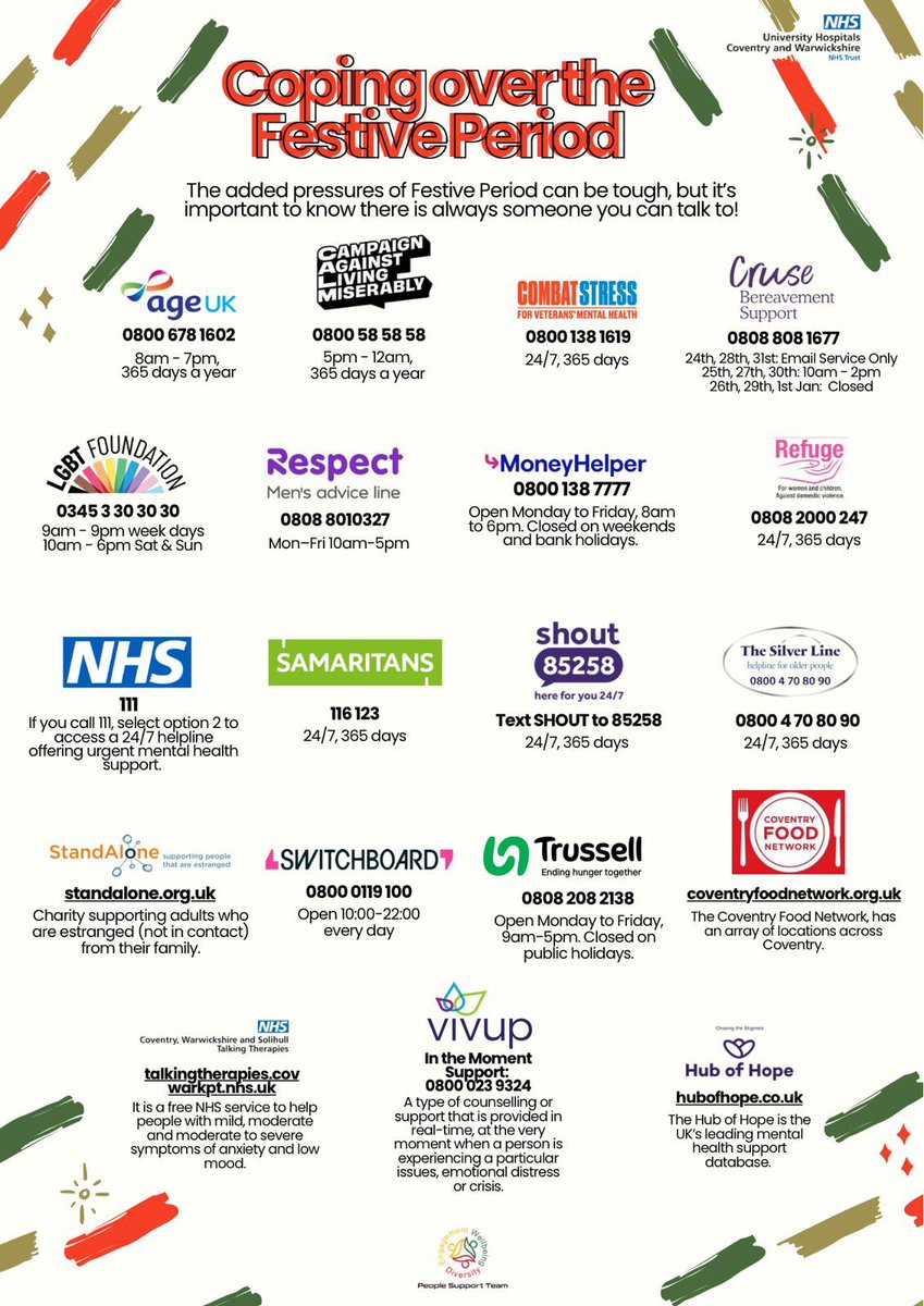 Donna Griffiths (she/her) 💙 (@donnamgriffiths) on Twitter photo The Christmas and New Year holidays can be a joyous time, but they can also equally be a challenging time for many.
#TeamUHCW colleagues lets support each other through this time by checking in and letting colleagues know the support thats available <a href="/uhcw_pst/">People Support Team - UHCW</a> <a href="/nhsuhcw/">UHCW NHS Trust</a> The Christmas and New Year holidays can be a joyous time, but they can also equally be a challenging time for many.
#TeamUHCW colleagues lets support each other through this time by checking in and letting colleagues know the support thats available <a href="/uhcw_pst/">People Support Team - UHCW</a> <a href="/nhsuhcw/">UHCW NHS Trust</a>
