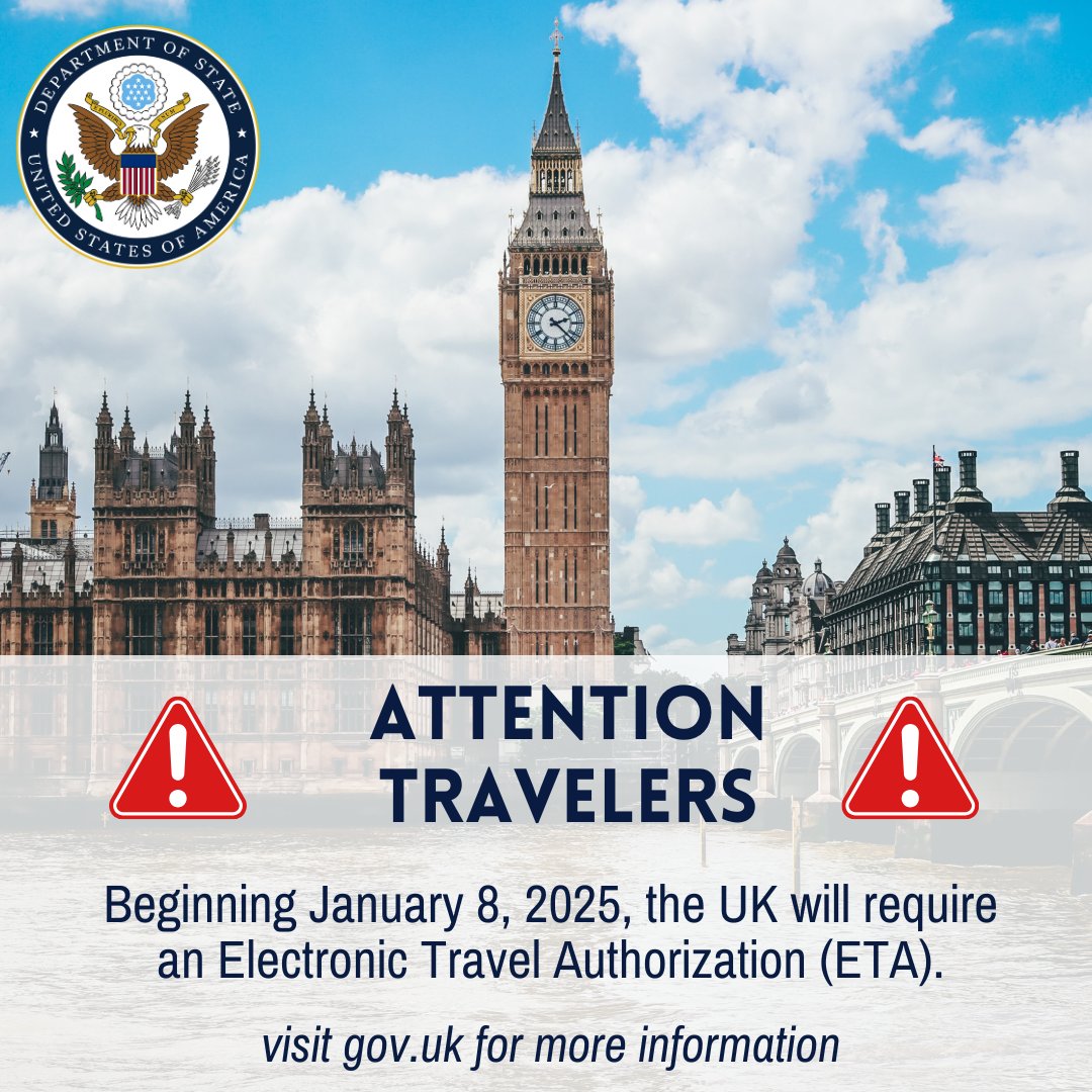 Did you know? U.S. citizen tourists will need an Electronic Travel Authorization (ETA) for traveling to the United Kingdom starting January 8, 2025! See full ETA Guidance at: gov.uk/guidance/check…