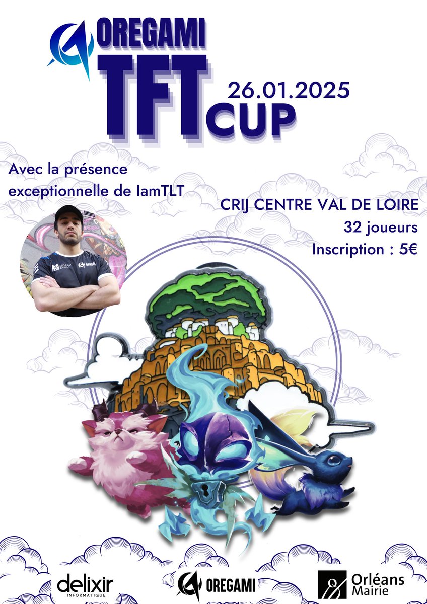 oregami45's tweet photo. Oregami est fier de vous annoncer son  1er tournoi Teamfight Tactics! 
RDV le 26/01/25 pour cet événement.
La TFT Cup se tiendra au CRIJ 3 rue de la Cholerie avec la présence de notre joueur pro ImTLT ! 
32 joueurs s'affronteront et il faudra vous munir de 5€ pour l'inscription. https://t.co/vliwdQSVit