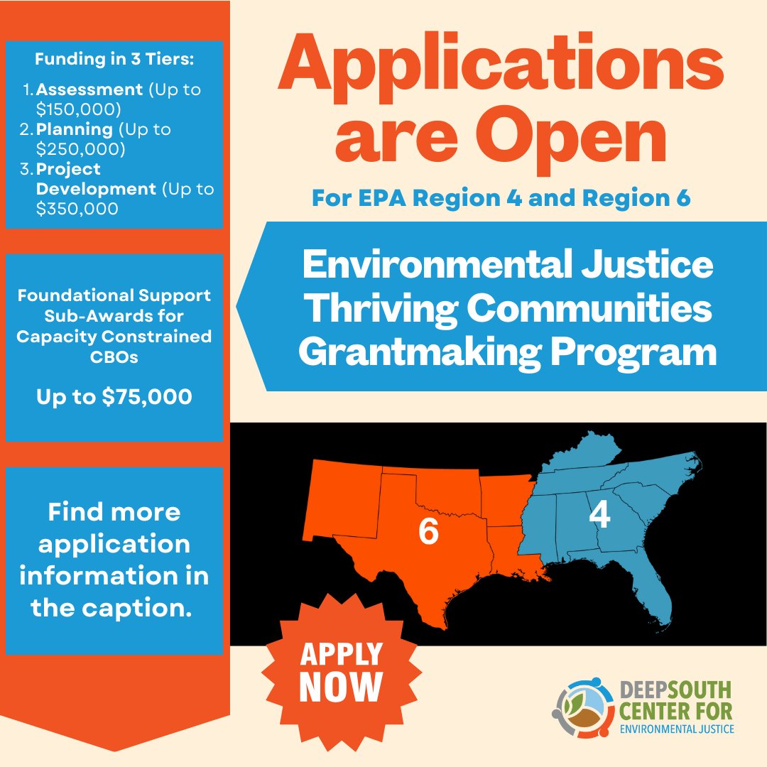 Application information for Region 4 can be found at: region4.thrivingenvironments.org

Application information for Region 6 can be found at: bullardcenter.org/resources/gran…

If you are in the DSCEJ CIRC program and need assistance, reach out to your navigator today!