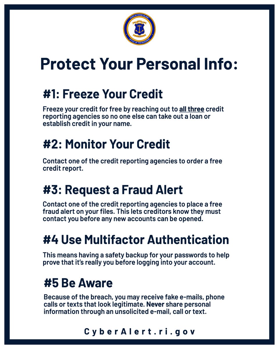 GovDanMcKee's tweet photo. We’re urging Rhode Islanders who applied for state health coverage or health and human services programs to protect your personal information today.
Learn more about the RIBridges data breach at https://t.co/nP1l51PoLQ https://t.co/AVKBB7Gm09
