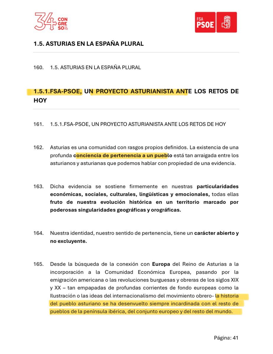 sharoncalderong's tweet photo. Por lo que sea, he leído la ponencia marco del próximo congreso del pesoe asturiano. La ponencia no defrauda y el pesoe no engaña: tufo nacionaliego apelando a una identidad imaginaria y la reivindicación de la mentira de una neolengua que barrerá la verdadera riqueza lingüística de Asturias. No digáis, amigos, que no estabais avisados. 👇