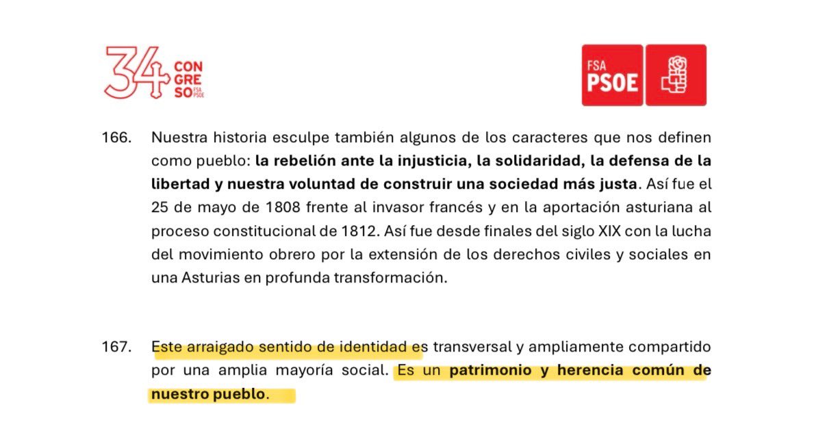sharoncalderong's tweet photo. Por lo que sea, he leído la ponencia marco del próximo congreso del pesoe asturiano. La ponencia no defrauda y el pesoe no engaña: tufo nacionaliego apelando a una identidad imaginaria y la reivindicación de la mentira de una neolengua que barrerá la verdadera riqueza lingüística de Asturias. No digáis, amigos, que no estabais avisados. 👇