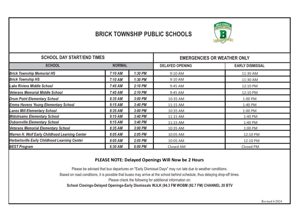 BTPSTransportation (@btpstransport) on Twitter photo PARENTS and GUARDIANS, just a reminder that the <a href="/Brick_K12/">Brick Township Public Schools</a> will operate on an EARLY DISMISSAL SCHEDULE, tomorrow Friday, December 20, 2024. All school dismissal times are included below.
#ROLLBRICK PARENTS and GUARDIANS, just a reminder that the <a href="/Brick_K12/">Brick Township Public Schools</a> will operate on an EARLY DISMISSAL SCHEDULE, tomorrow Friday, December 20, 2024. All school dismissal times are included below.
#ROLLBRICK
