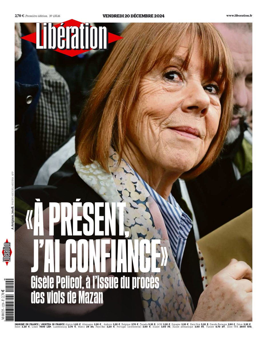 Libération (@libe) on Twitter photo «À présent, j'ai confiance». Gisèle Pelicot, à l'issue du procès des viols de Mazan. 
C'est la une de @Libe ce vendredi
Lire : journal.liberation.fr «À présent, j'ai confiance». Gisèle Pelicot, à l'issue du procès des viols de Mazan. 
C'est la une de @Libe ce vendredi
Lire : journal.liberation.fr