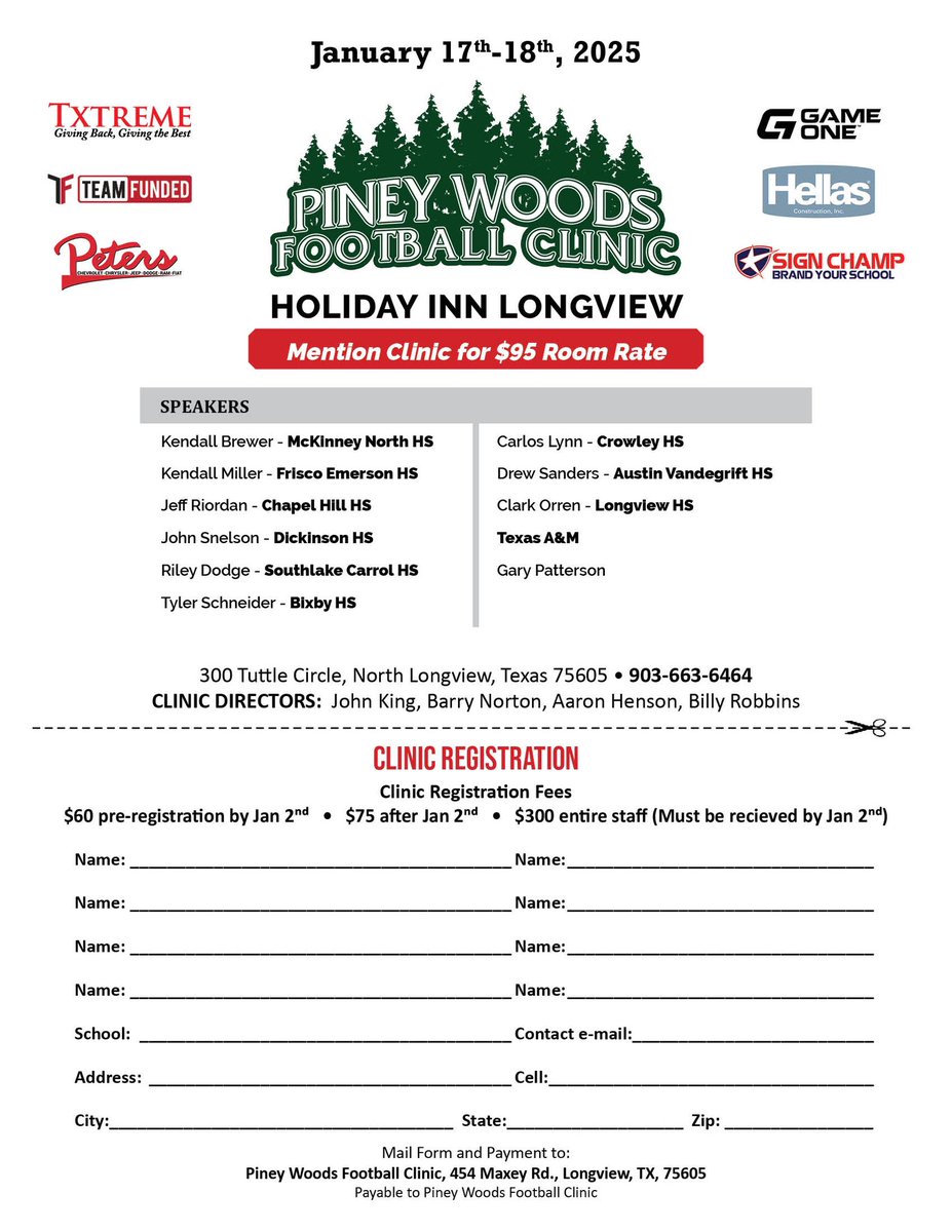 Pre-register for the 9th annual Piney Woods #football #clinic by Jan 2 for discounted rate! <a href="/McKISDAth/">McKinneyISD Ath Dept</a> <a href="/CarrollDragonFB/">Southlake Carroll Football</a> <a href="/SLCAthletics/">Carroll Dragons</a> <a href="/DickinsonFB/">DHSGatorFB</a> <a href="/friscoisd/">Frisco ISD</a> <a href="/CTownEaglesFB/">CrowleyFootball</a> <a href="/Team_Funded/">TeamFunded</a> <a href="/TheSignChamp/">Sign Champ</a> <a href="/HellasDFW/">Hellas Construction</a> <a href="/GameOne_USA/">Game One</a> <a href="/PetersChevrolet/">Peters Chevrolet</a>