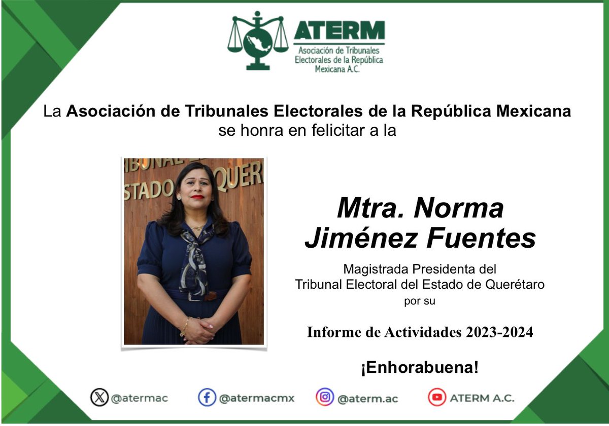 Nuestra felicitación al Mtra. <a href="/MedgabarJF/">Norma JF</a>, Magistrada Presidenta del <a href="/TEEQRO/">Tribunal Electoral del Estado de Querétaro</a>, por su Informe de Actividades 2023-2024
¡Enhorabuena!