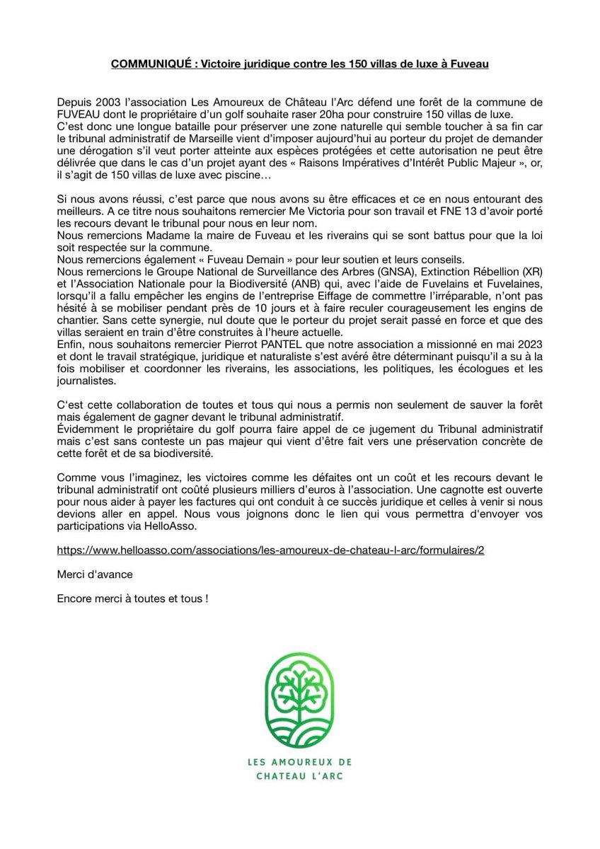 Asso Nationale pour la Biodiversité (ANB) (@anbiodiversite) on Twitter photo Victoire contre les 150 villas de luxe à Fuveau (13) 👏
Le Tribunal administratif de Marseille nous donne raison !
Magnifique synergie entre <a href="/GNSA_arbres/">GNSA 🌳 Groupe National de Surveillance des Arbres</a> <a href="/aix_xr/">Extinction Rébellion_Aix en Provence</a> <a href="/XR_Marseille/">Extinction Rebellion Marseille</a> et l’ANB.
Efficacité de blocage redoutable en septembre 2023 ✊ grâce à quoi l’irréversible a été évité. Victoire contre les 150 villas de luxe à Fuveau (13) 👏
Le Tribunal administratif de Marseille nous donne raison !
Magnifique synergie entre <a href="/GNSA_arbres/">GNSA 🌳 Groupe National de Surveillance des Arbres</a> <a href="/aix_xr/">Extinction Rébellion_Aix en Provence</a> <a href="/XR_Marseille/">Extinction Rebellion Marseille</a> et l’ANB.
Efficacité de blocage redoutable en septembre 2023 ✊ grâce à quoi l’irréversible a été évité.
