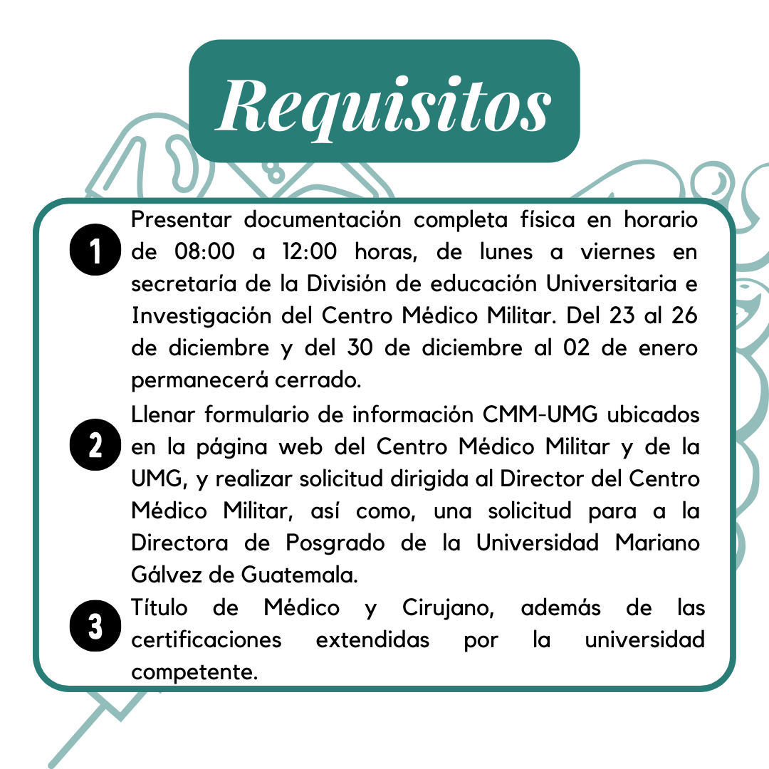 CMMEG's tweet photo. ¡Convocatoria posgrado!

Información y requisitos se estarán publicando en la página Oficial del Centro Médico Militar Guatemala.

https://t.co/YuEKAIDvGz https://t.co/0EyL0XVkur