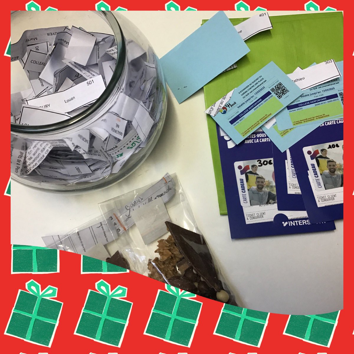 CDIKerfontaine's tweet photo. Lundi au collège : tirage au sort de la tombola des vendeurs de chocolats. C’est Noël avant l’heure avec de jolis lots offerts par la MCCK (Maison des Collégiens du Collège Kerfontaine) lors de cette action locale (chocolatier d’Auray) !! 🎄🎅🏼🧑🏻‍🎄 #collegekerfontaine #actionlocale https://t.co/a1xNQQO8yY