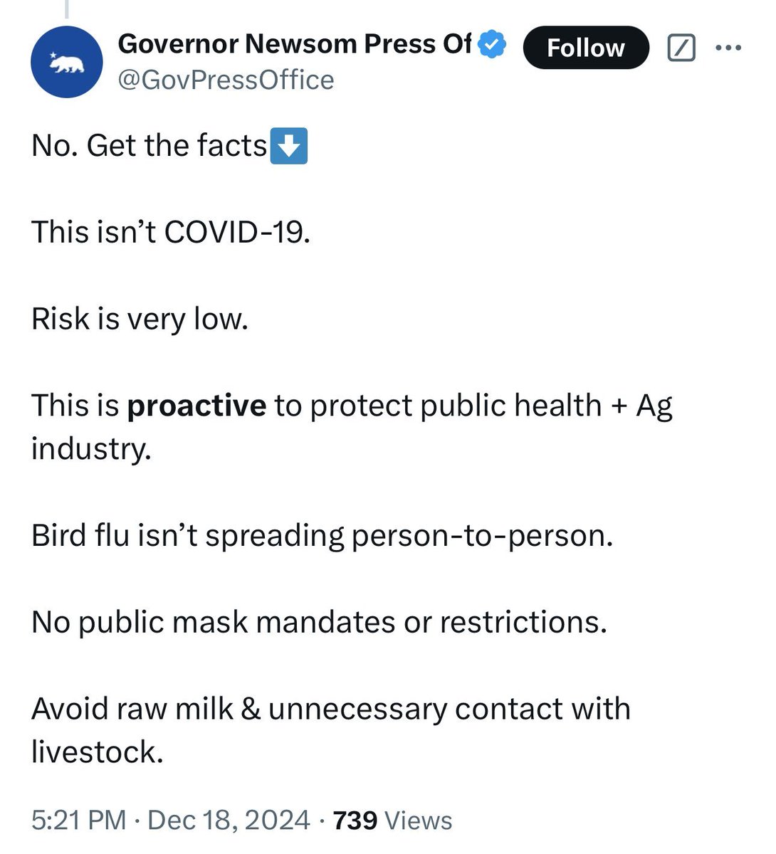Is Gavin Newsom breaking the law?

A "State of Emergency" means there are extreme conditions affecting the safety of people &amp; property which is beyond the control of local Government.

Gavin's office just admitted in my comments that there is very little risk of bird flu.

So how