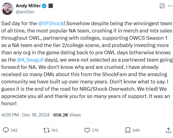 JakeSucky's tweet photo. Mind blown seeing one of the most recognizable and tenured brands ever in Overwatch not be selected as a partnered team. The San Francisco Shock will now be leaving the OW esports scene... 

Wtf https://t.co/1iTMxhN7QW
