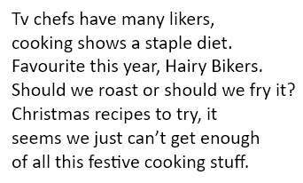AnnaQuarendon's tweet photo. #Quangleverse #Poetry #writing #words #tvchefs @HairyBikers #cooking #Christmascooking #Christmas https://t.co/gNKmdzLJuV