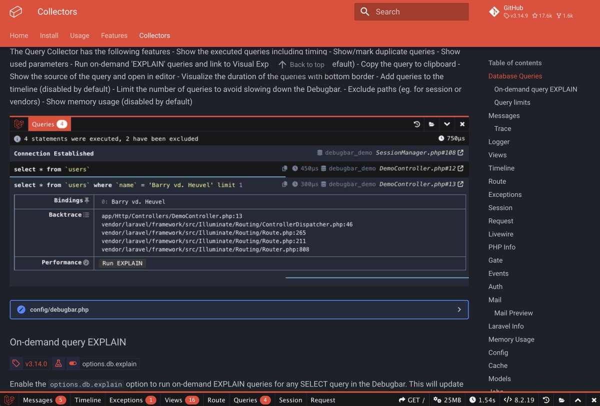 barryvdh's tweet photo. After 11 years, I've added documentation to Laravel Debugbar. The list of Collectors has become pretty big and a lot of features were added over time, so be sure to take a look at the Features and Collectors pages. Ofcourse including a (dummy) Debugbar to see it in action 🔥 https://t.co/DZljzHw5mU
