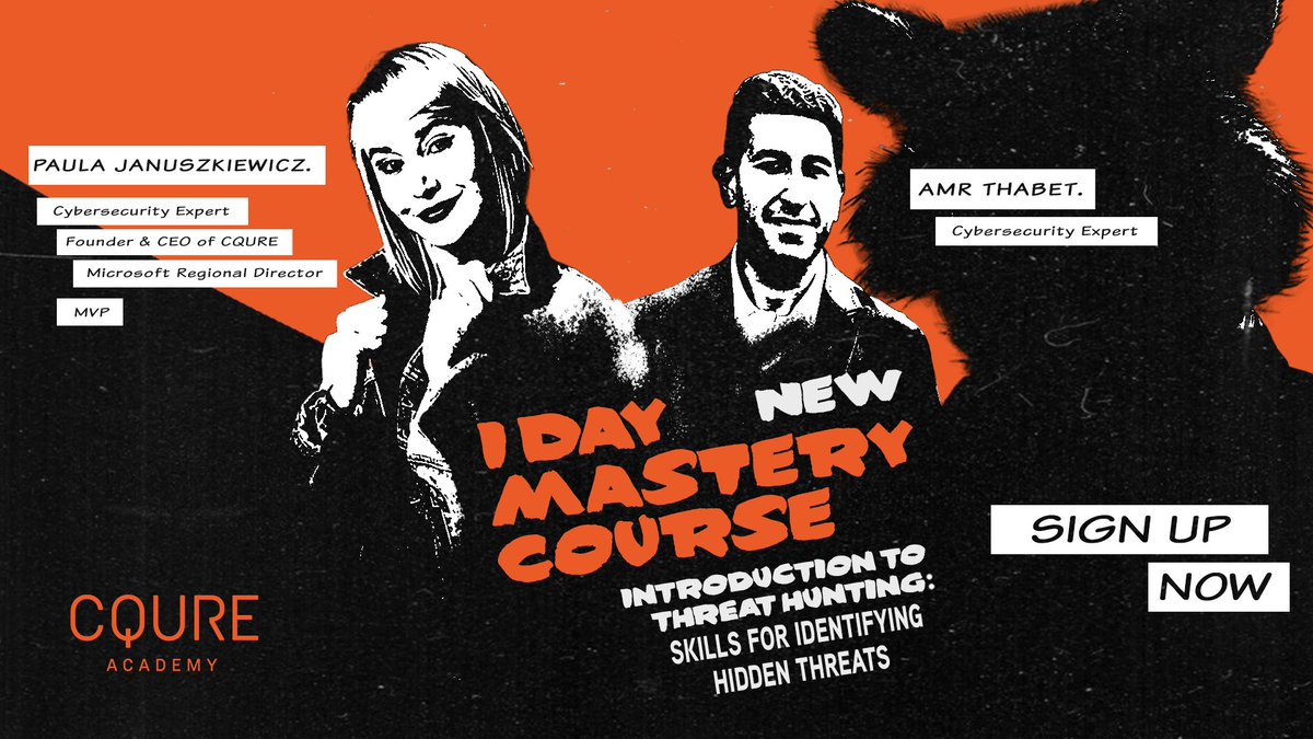CQURE Academy (@cqureacademy) on Twitter photo Attention #cybersecurity people - we’re launching a new 1-Day course, Introduction to Threat Hunting: Skills for Identifying Hidden Threats 📣
Sign up now and get 9,5 hours of solid knowledge from <a href="/PaulaCqure/">Paula Januszkiewicz</a> and <a href="/Amr_Thabet/">Amr Thabet</a> 👉shorturl.at/bVByL
#ThreatHunting #ITSecurity Attention #cybersecurity people - we’re launching a new 1-Day course, Introduction to Threat Hunting: Skills for Identifying Hidden Threats 📣
Sign up now and get 9,5 hours of solid knowledge from <a href="/PaulaCqure/">Paula Januszkiewicz</a> and <a href="/Amr_Thabet/">Amr Thabet</a> 👉shorturl.at/bVByL
#ThreatHunting #ITSecurity