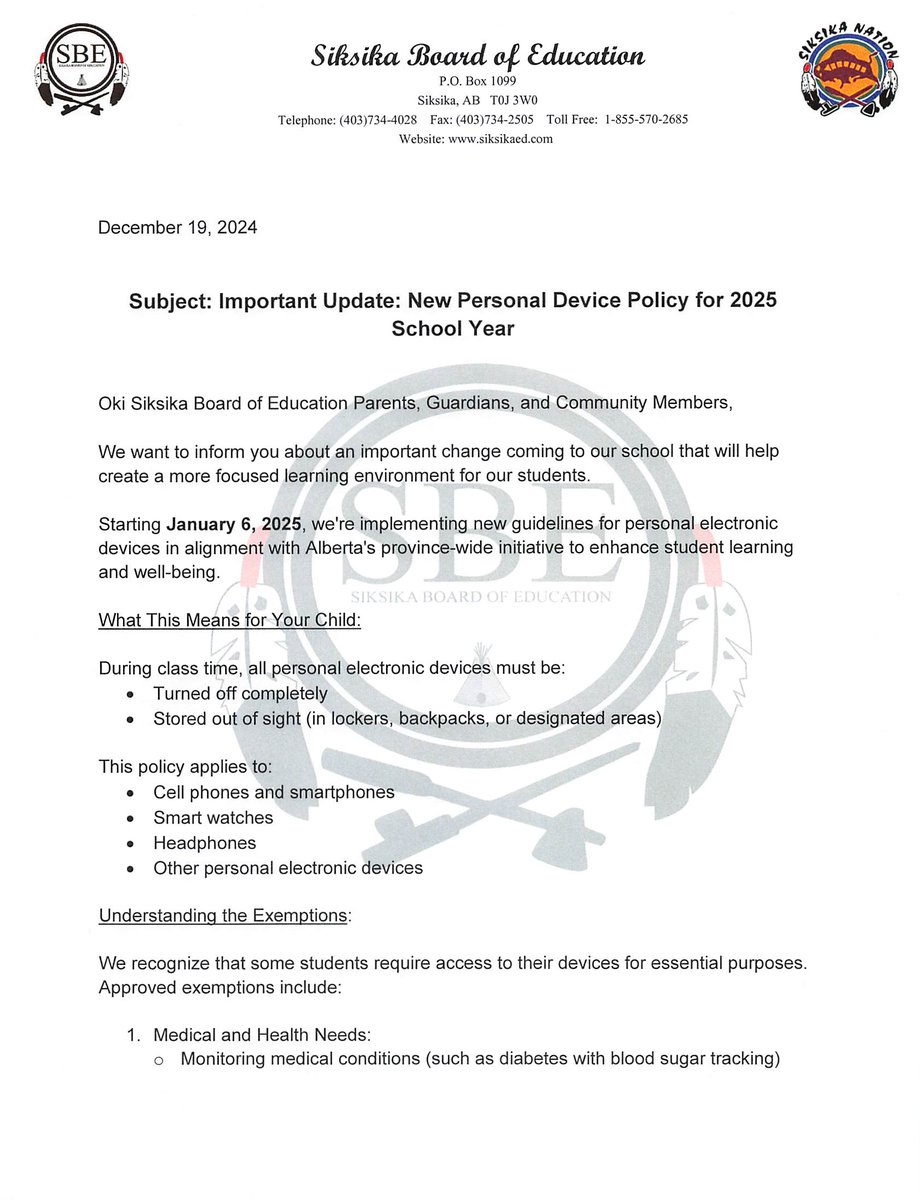 siksikaedu's tweet photo. ⚠️ATTENTION⚠️

Oki, please see an important update below: New Personal Device Policy for 2025 School Year.

If you have any questions, please contact your child(ren)'s school. 

Thank you. https://t.co/5id3kWPdjl