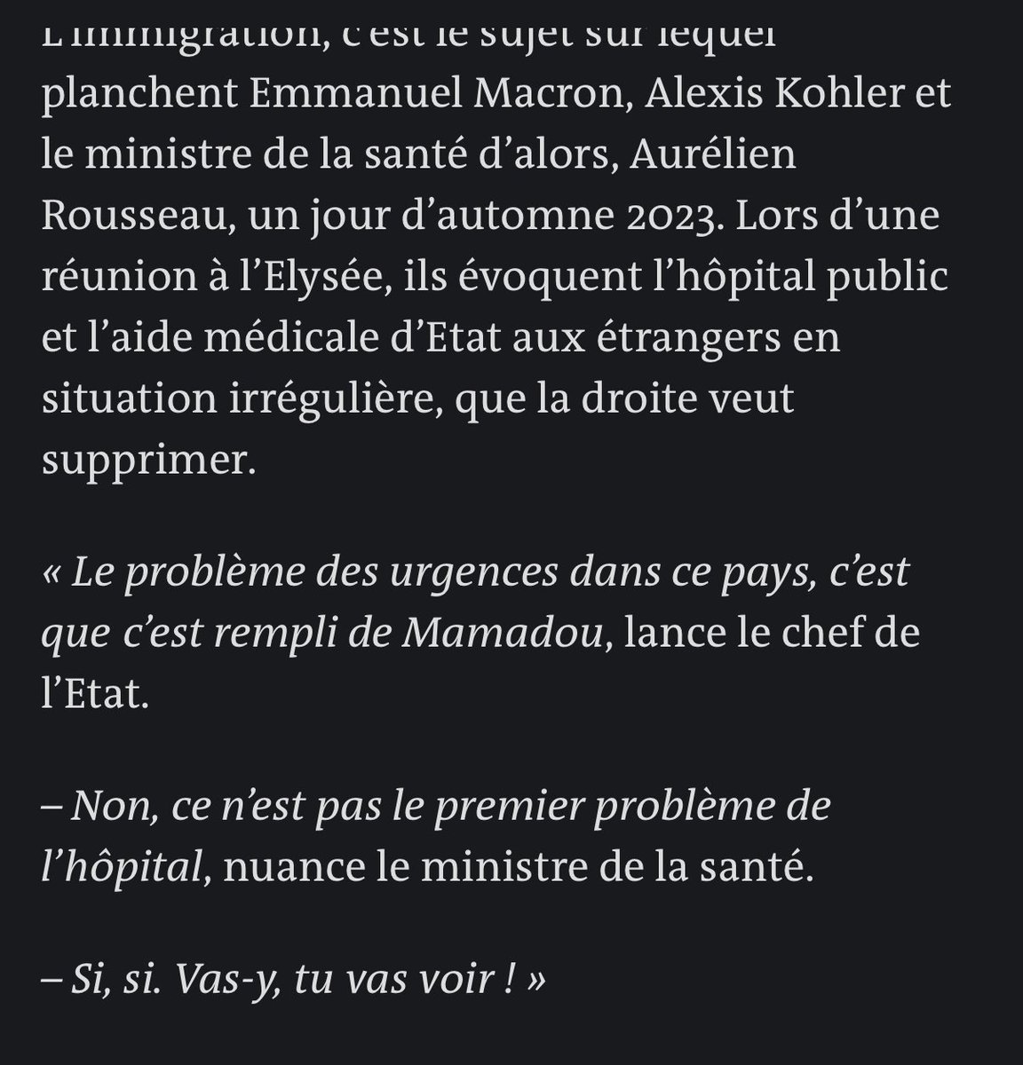 « Le problème des urgences de ce pays, c’est que c’est rempli de Mamadou »

Ces propos du Président de la République rapportés par <a href="/lemondefr/">Le Monde</a> sont racistes. 

Indubitablement. 

Ils sont accablants. 

Quand on pense qu’il doit ses deux élections au front républicain…