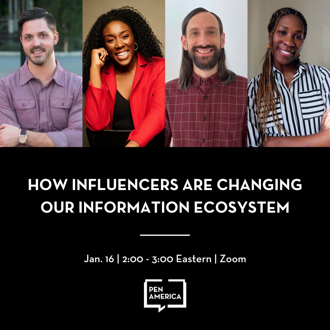PEN America (@penamerica) on Twitter photo Coming in 2025! On Jan. 16 join PEN America for a webinar about the role of influencers in our information ecosystem, with guest speakers <a href="/RobertDownen_/">Robert Downen</a>, Malynda Hale, and <a href="/BridgetMarie/">Bridget Todd 💁🏿</a>. Register now: pen.org/event/how-infl… Coming in 2025! On Jan. 16 join PEN America for a webinar about the role of influencers in our information ecosystem, with guest speakers <a href="/RobertDownen_/">Robert Downen</a>, Malynda Hale, and <a href="/BridgetMarie/">Bridget Todd 💁🏿</a>. Register now: pen.org/event/how-infl…