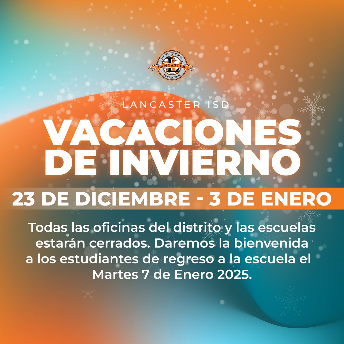 LancasterISD's tweet image. Lancaster ISD will have Winter Break from December 23, 2024, through January 3, 2025. All district offices and campuses will be closed. 🎄☃️🎁🧡

🗓️ Monday, January 6, 2025 is an Independent Learning Day.

We will welcome students back to school on Tuesday, January 7, 2025. 🚌🧡