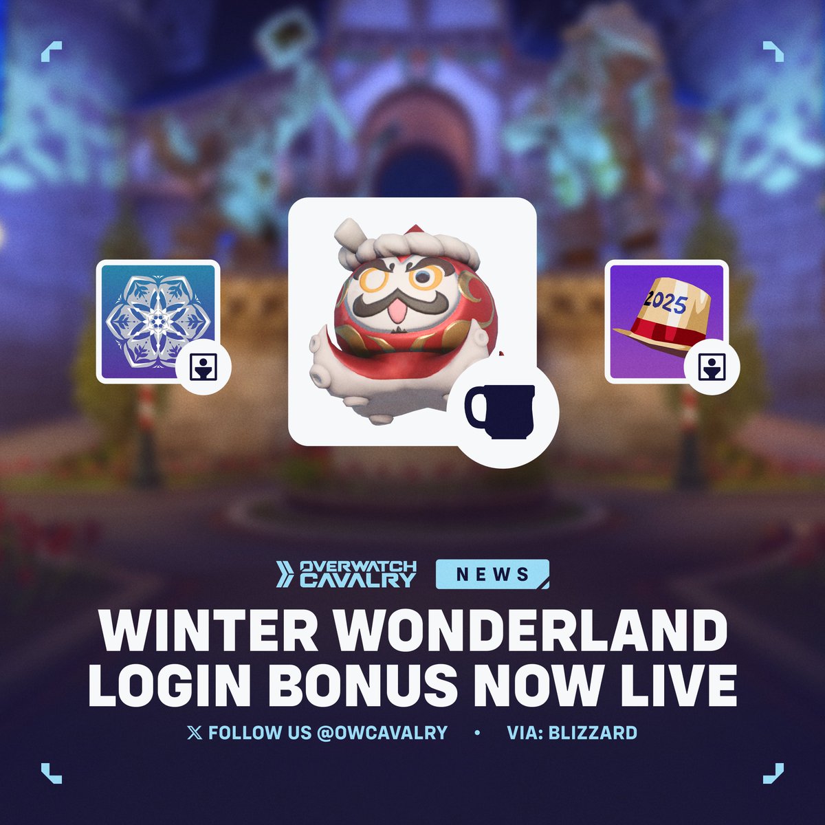 New Winter Wonderland Login Bonus for #Overwatch2 ❄️

Log in before January 06 to claim Player Icons for Winter Wonderland and the 2025 New Year, plus a Darumari Souvenir!