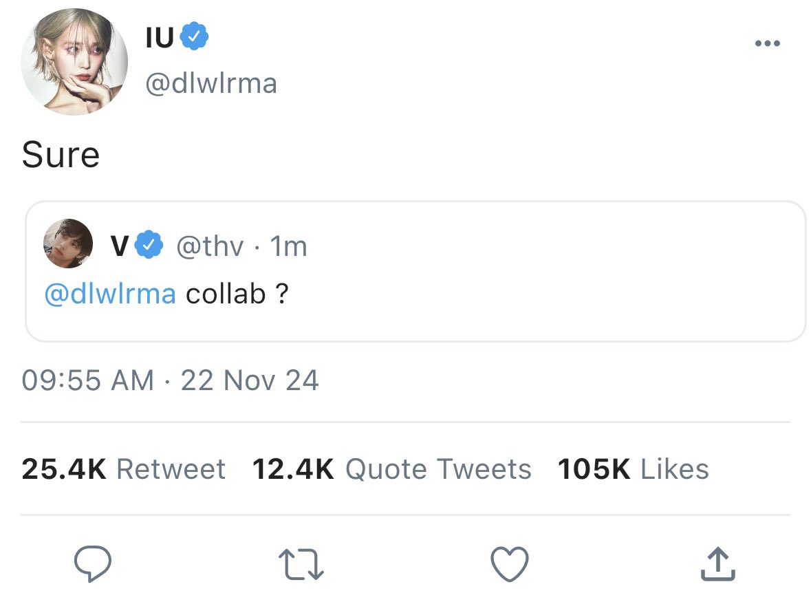 JEONBYULS's tweet photo. #taekookau idol jeongguk has been trying to get his favourite singer, IU, to collab with him for ages—but without success. 

so when kim taehyung manages to get her to agree to a collab with a single tweet, he’s /pissed/. https://t.co/TnC0pjgF3I