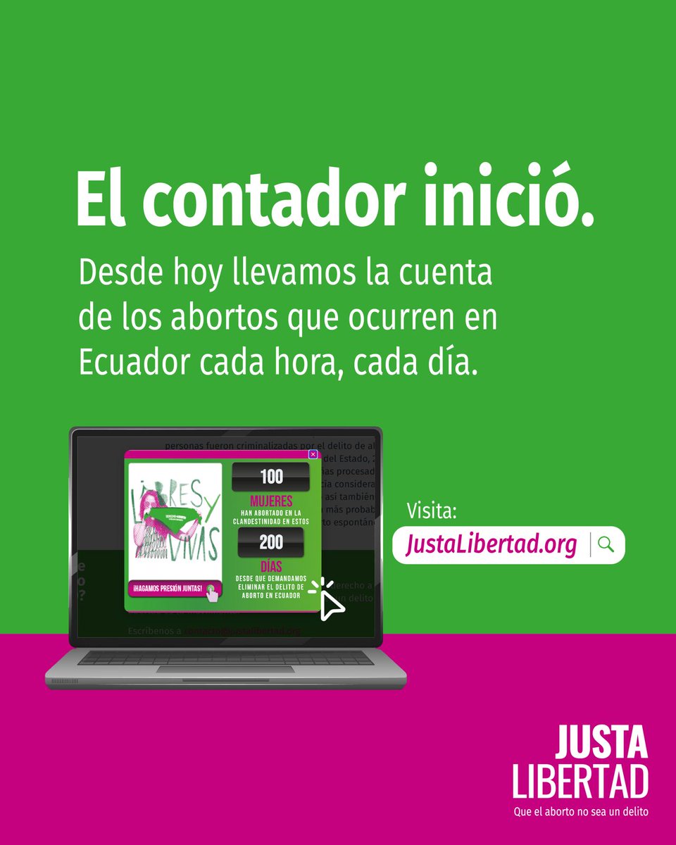 🚨 275 días desde que presentamos la demanda de #JustaLibertad para eliminar el delito de aborto consentido en Ecuador.

⚠️ En este tiempo, 46,200 mujeres han abortado en la clandestinidad. ¡7 mujeres cada hora enfrentan riesgos innecesarios!