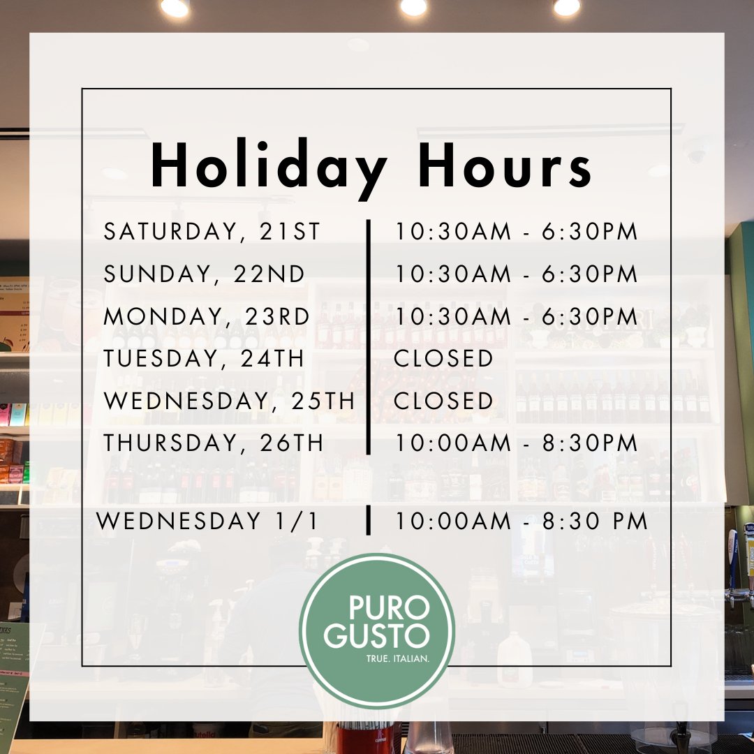 purogustocafe's tweet image. Plan your visits this holiday season! 🎄✨ Here are our special holiday hours to keep you in the loop. Stop by for a treat and make your holidays brighter.

#PuroGustoCafe #DCFood #DCFoodies #cafe #coffee #cocktails