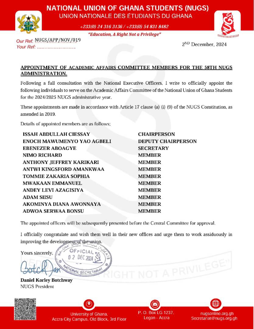 A heartfelt thank you to the <a href="/NUGS_National/">NUGS NATIONAL SECRETARIAT</a> and National Executive Officers for their trust and recognition. I’m committed to addressing academic challenges, promoting equitable access, and advocating for students.
 #StudentWelfare #EducationMatters  #StudentLeadership