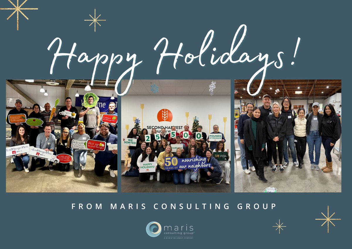 Happy Holidays from Maris Consulting Group! This year, we celebrated our wins &amp; gave back, packing nearly 45k meals with Second Harvest Food Bank &amp; <a href="/Gr8BosFoodBank/">The Greater Boston Food Bank</a>. Huge thanks to our team for making 2024 special. Wishing everyone a joyful holiday season!