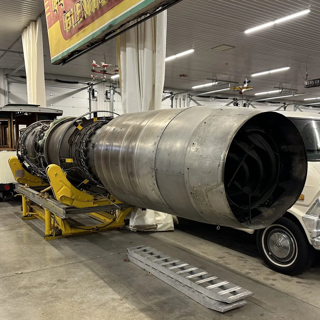 Bringatrailer's tweet photo. https://t.co/YgTLQyzHO4
Time to talk to the boys at the VFW about making that static display a little less static
This J57 turbojet engine is a -P55 variant that was produced by Pratt & Whitney for use on a military aircraft. The engine is equipped with an afterburner and is secured to an Air Logistics Corporation trailer. It's listed now with no reserve on BaT!