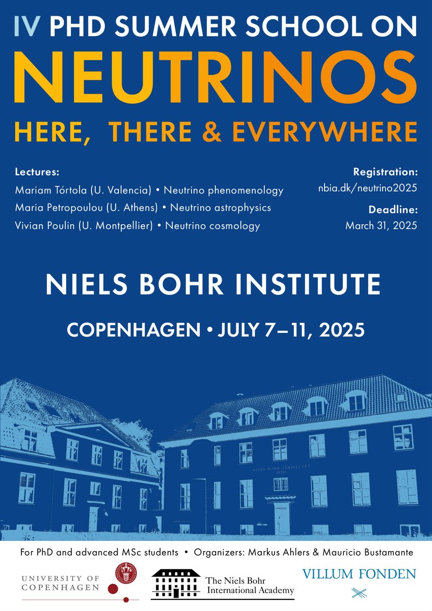 Are you a grad student working on neutrinos or planning to? Join us in our fourth summer school "Here, There &amp; Everywhere"!
▶ Neutrino phenomenology, astrophysics, cosmology
▶ Registration: nbia.dk/neutrino2025
▶ Seminars + student talks
▶ Register by March 31, 2025