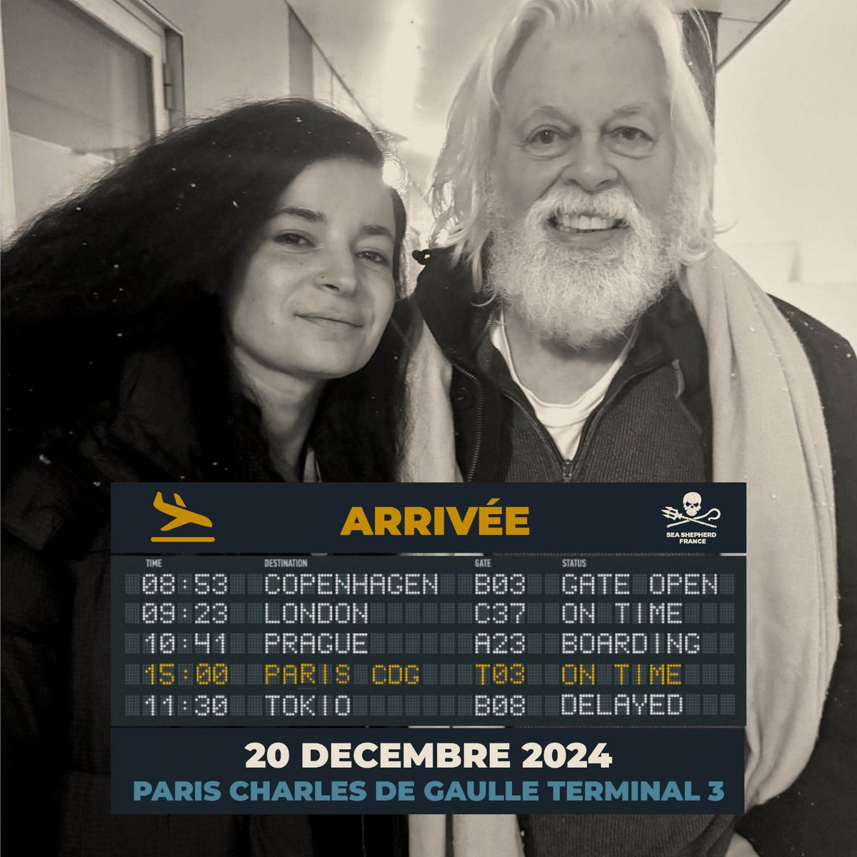 SeaShepherdFran's tweet photo. Ça y est c’est parti ! Paul Watson rentre demain en France !
Pour ceux qui voudraient l’accueillir à l’aéroport, ce sera au terminal 3 de l’aéroport Charles de Gaulle à 15h 💙 https://t.co/krkFOGYKT4