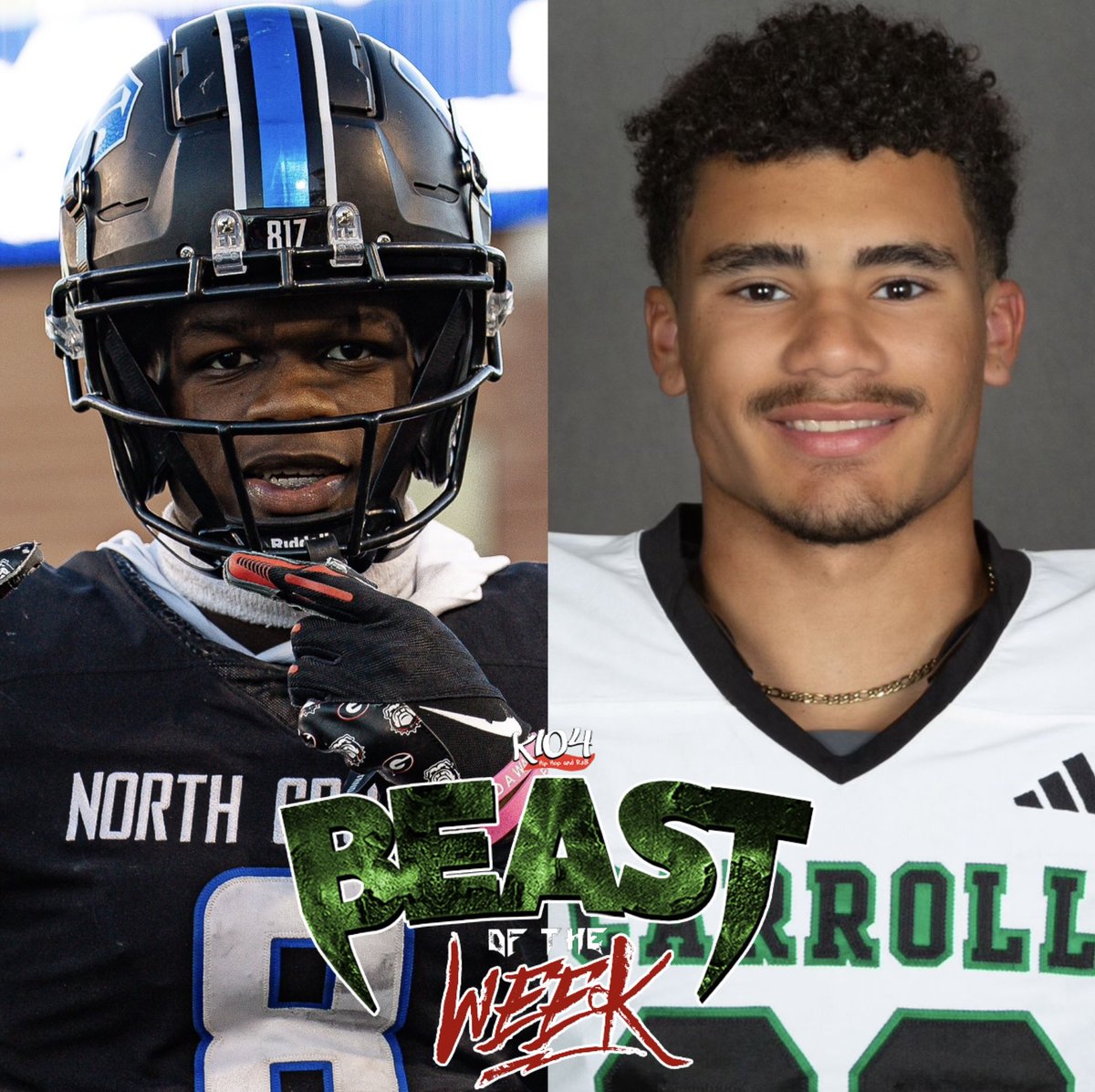 #k104beastoftheweek 🗣️PLAYOFF EDITION‼️ #txhsfb 
Congrats to Aaron Bradshaw (North Crowley) and Christian Glenn (Southlake Carroll) on being named <a href="/K104FM/">K104</a> / <a href="/1800TruckWreck/">1-800TruckWreck</a> BEASTS OF THE WEEK 🏉‼️ $2,000 will be donated to each football program 💰‼️
#dfw #dallas #fortworth