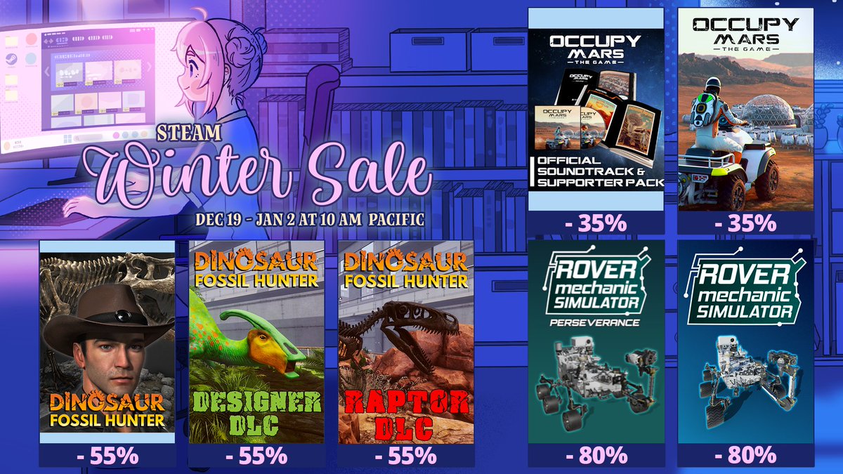 ❄️ The Steam Winter Sale has just opened its frosty gates, welcoming you to a wonderland of incredible deals! ❄️

Grab 🚀 Occupy mars, 🦖 Dinosaur Fossil Hunter and 🔧 Rover Mechanic Simulator at special prices! 

The sale lasts until January 2, 2025. Happy gaming!

#Steam #Valve
