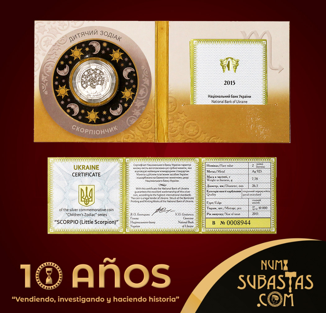 numisubastas's tweet photo. EN SUBASTA:
LOTE# 75-33
MONEDA DE PLATA PROOF: 2HRYVNIAS 2015, SIGNO ESCORPIO
https://t.co/w2vmlWNYpS
#Numisubastas #SubastaNumismatica #Coins #Coinnerd #Coleccionismo #Moneda #Coin #CoinCollection #CoinCollector #WorldCoins #CoinGeek https://t.co/OYFldrGGzt