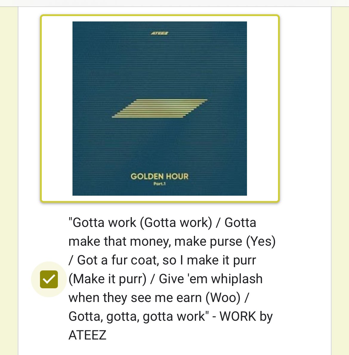 ceecee18ny's tweet photo. ATINY, please vote for WORK ๐ฅฐ
#GottaWORK #WORKChallenge #GOLDENHOUR_Part1
#ATEEZ #์์ดํฐ์ฆ #ใจใคใใฃใผใบ
@ATEEZofficial @ATEEZofficialjp https://t.co/Nn91qd5xLE