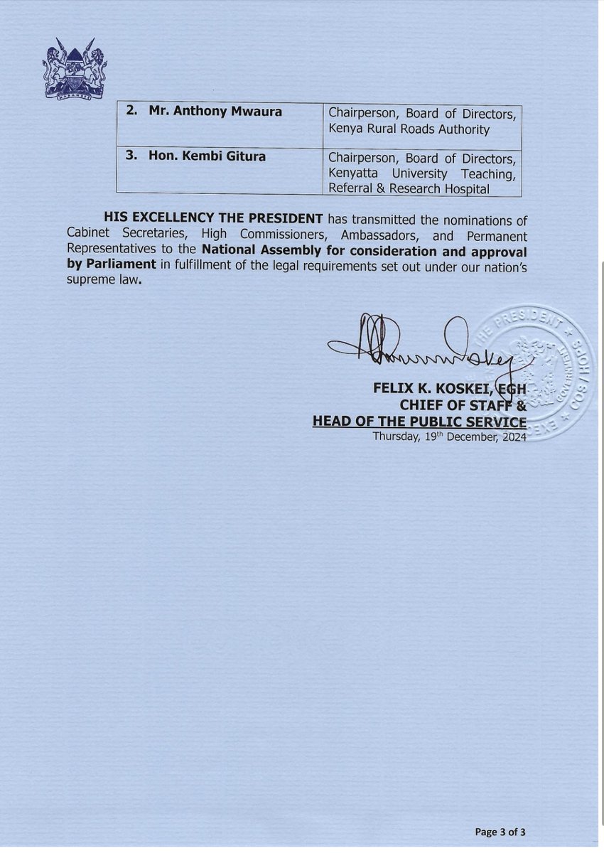 MwangoCapital's tweet photo. Cabinet Shuffle:

🔹 Mutahi Kagwe: Nominated as CS for Agriculture & Livestock Development 
🔹 Hon. Lee Kinyanjui: Nominated as CS for Investments, Trade & Industry  
🔹 Hon. William Kabogo: Nominated as CS for ICT & Digital Economy  
🔹 Hon. Salim Mvurya: Reassigned to Youth Affairs, Creative Economy & Sports  
🔹 Hon. Kipchumba Murkomen: Reassigned to Interior & National Administration