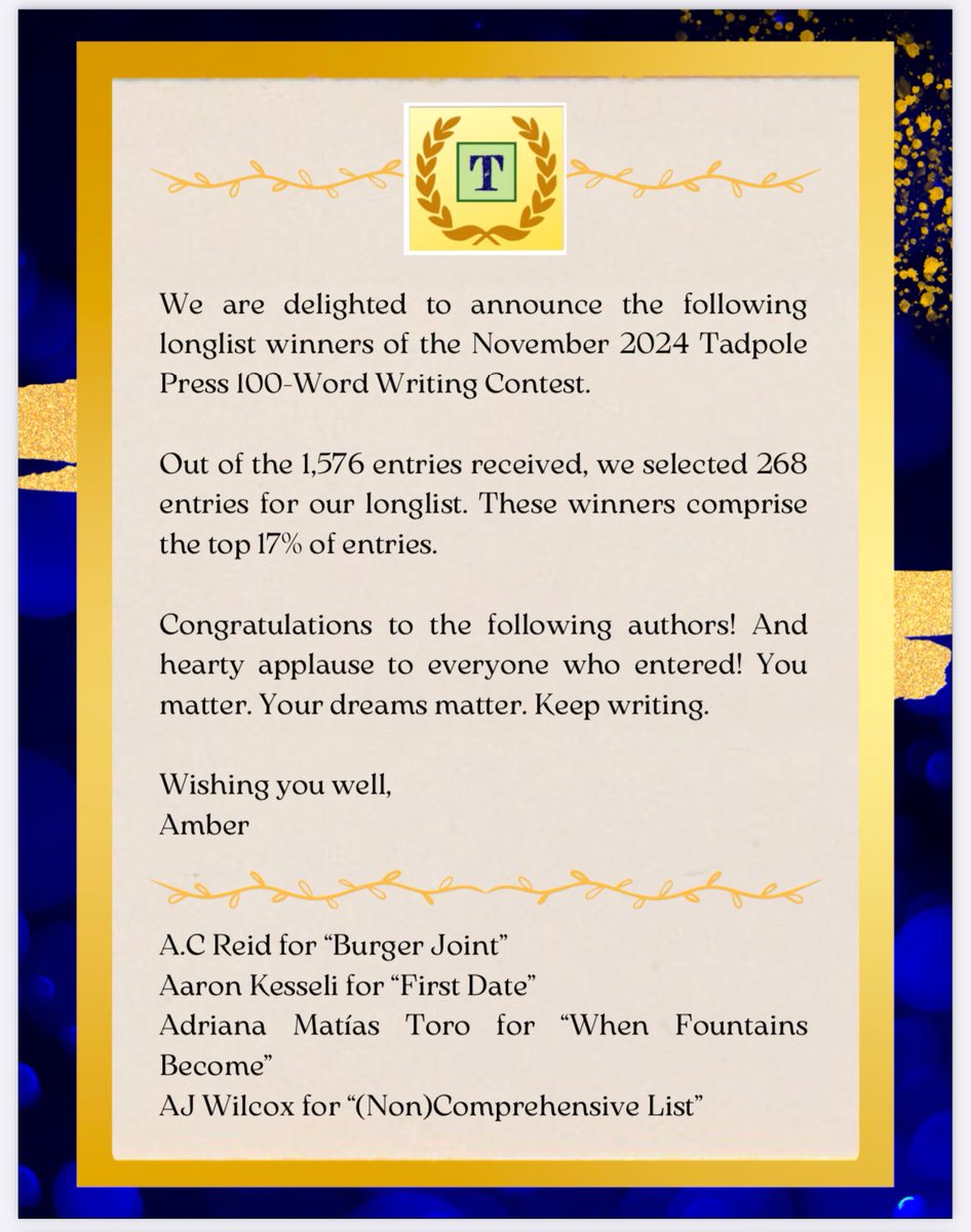 JColwellWrites's tweet photo. I made it on the long list of the 2024 Tadpole Press 100-Word Writing Contest! https://t.co/wWN5lB4sQl