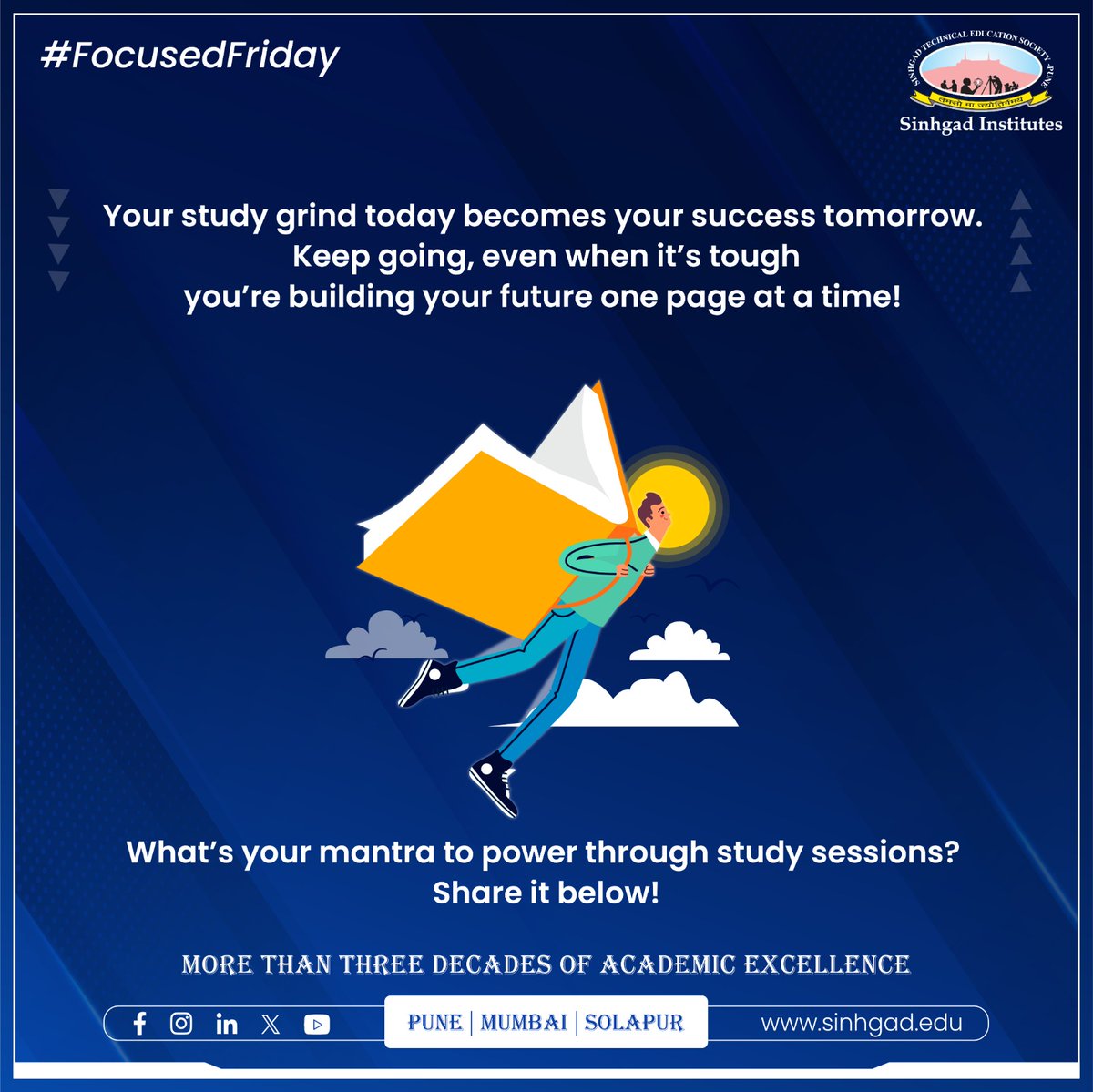 SinhgadCollege's tweet image. Every page you turn and every hour you dedicate to your studies today is a building block for your success tomorrow. 📚
It may get tough, but remember, you're not just studying—you're shaping your future, one lesson at a time. ⌛
#SinhgadInstitutes #FocusedFriday #StudyGrind