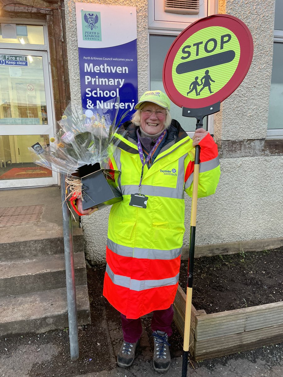 Wishing our fabulous Trisha a very happy retirement as she lays down her lollipop! Thank you for keeping us safe at Methven for the last 13 years. We will miss you! <a href="/TaysideContract/">Tayside Contracts 🍽️ 🛻🧹💻</a>