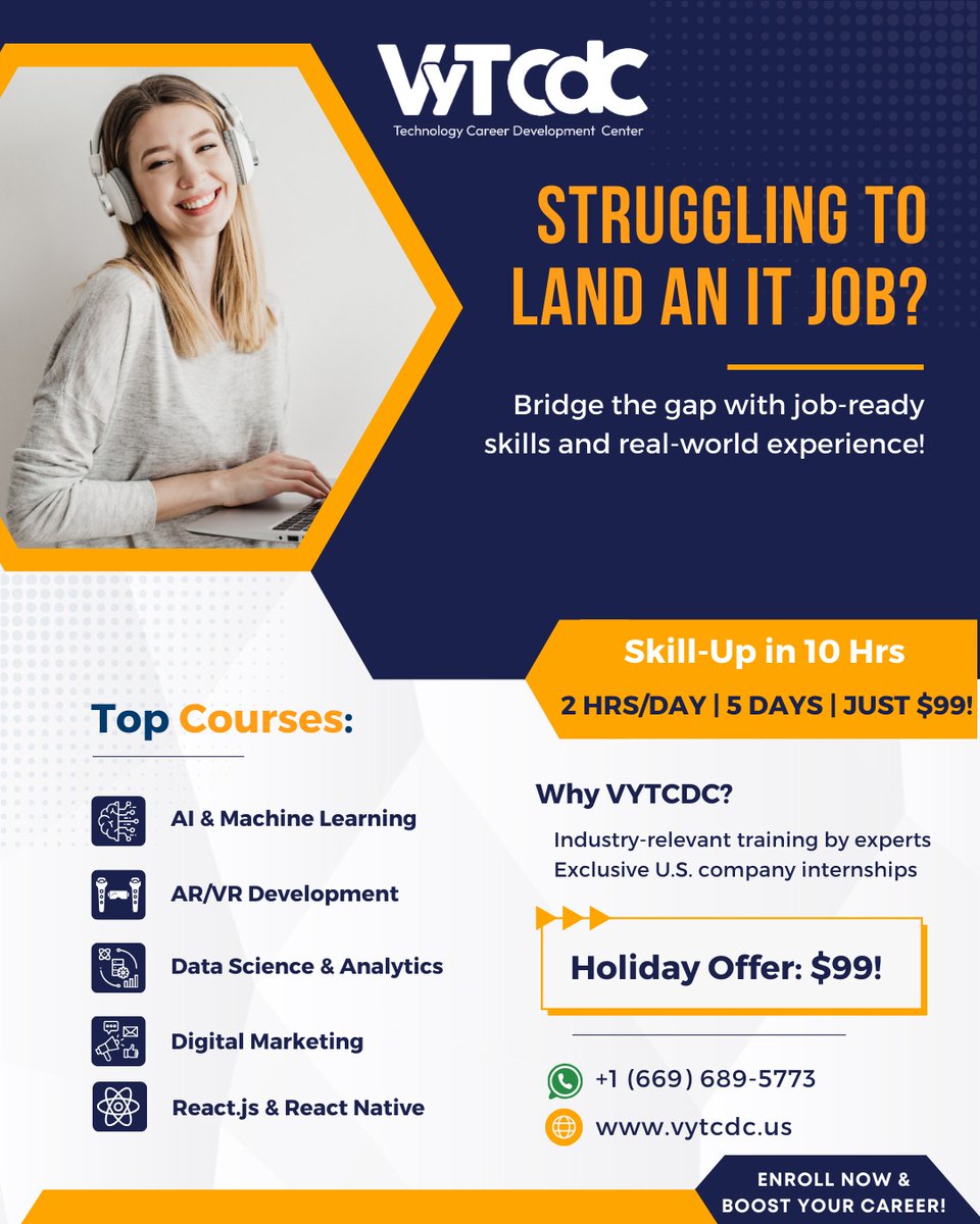 Vytcdcusa2002's tweet image. Struggling to land an IT job? Close the gap to your IT career with VyTCDC’s job-ready skills and real-world experience programs. Skill-up in just 10 hours with industry-relevant training by experts at $99. Courses include AI &amp;amp;ML, AR/VR,  and more!

#ITJobs #CareerDevelopmentation