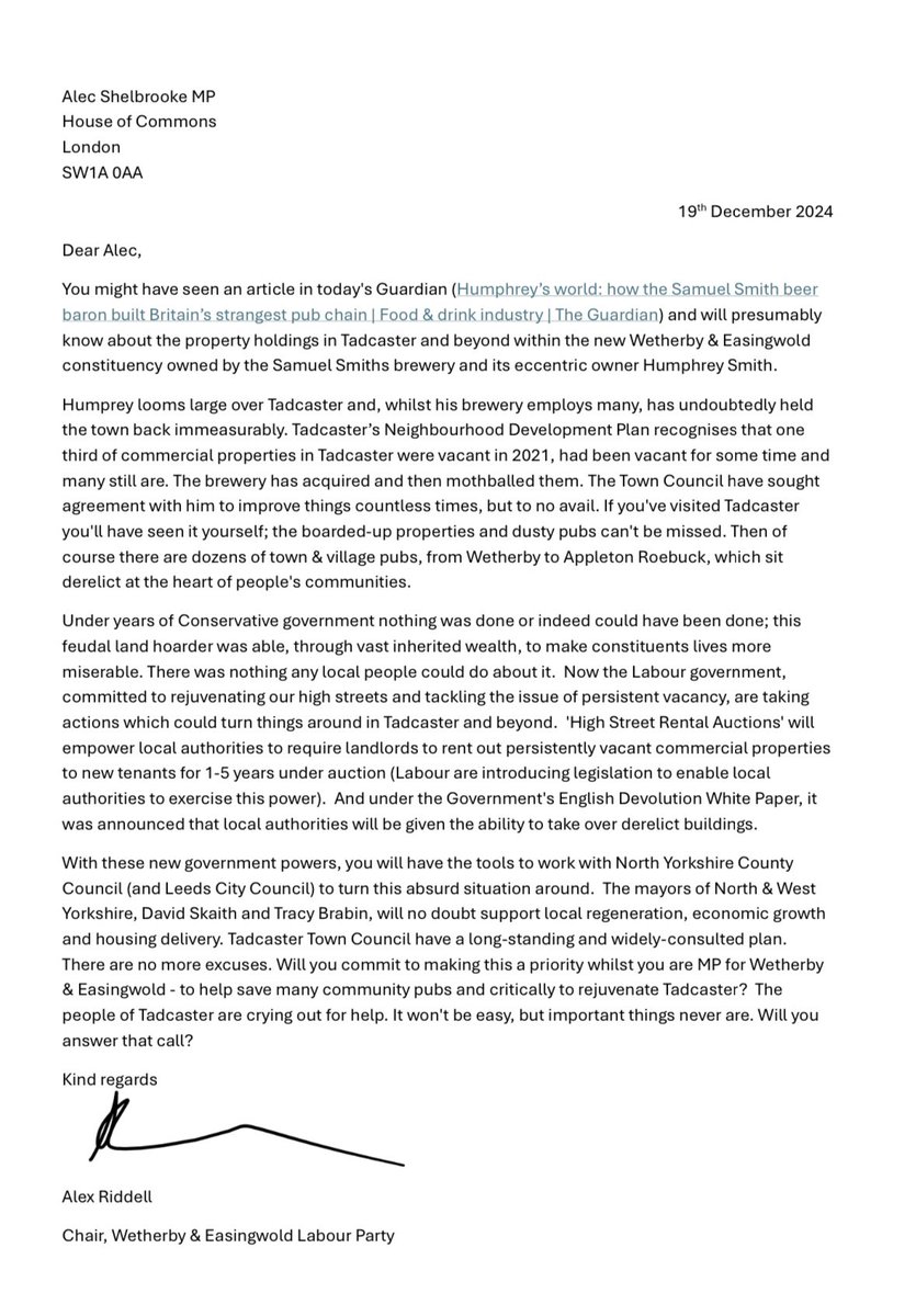 The situation in Tadcaster is stranger than fiction: theguardian.com/news/2024/dec/…

The <a href="/UKLabour/">The Labour Party</a> government are introducing new powers to rejuvenate high streets. We’ve written to <a href="/AlecShelbrooke/">Sir Alec Shelbrooke MP</a> about Tadcaster which needs help. There’s no more excuses-it’s time for our MP to step up